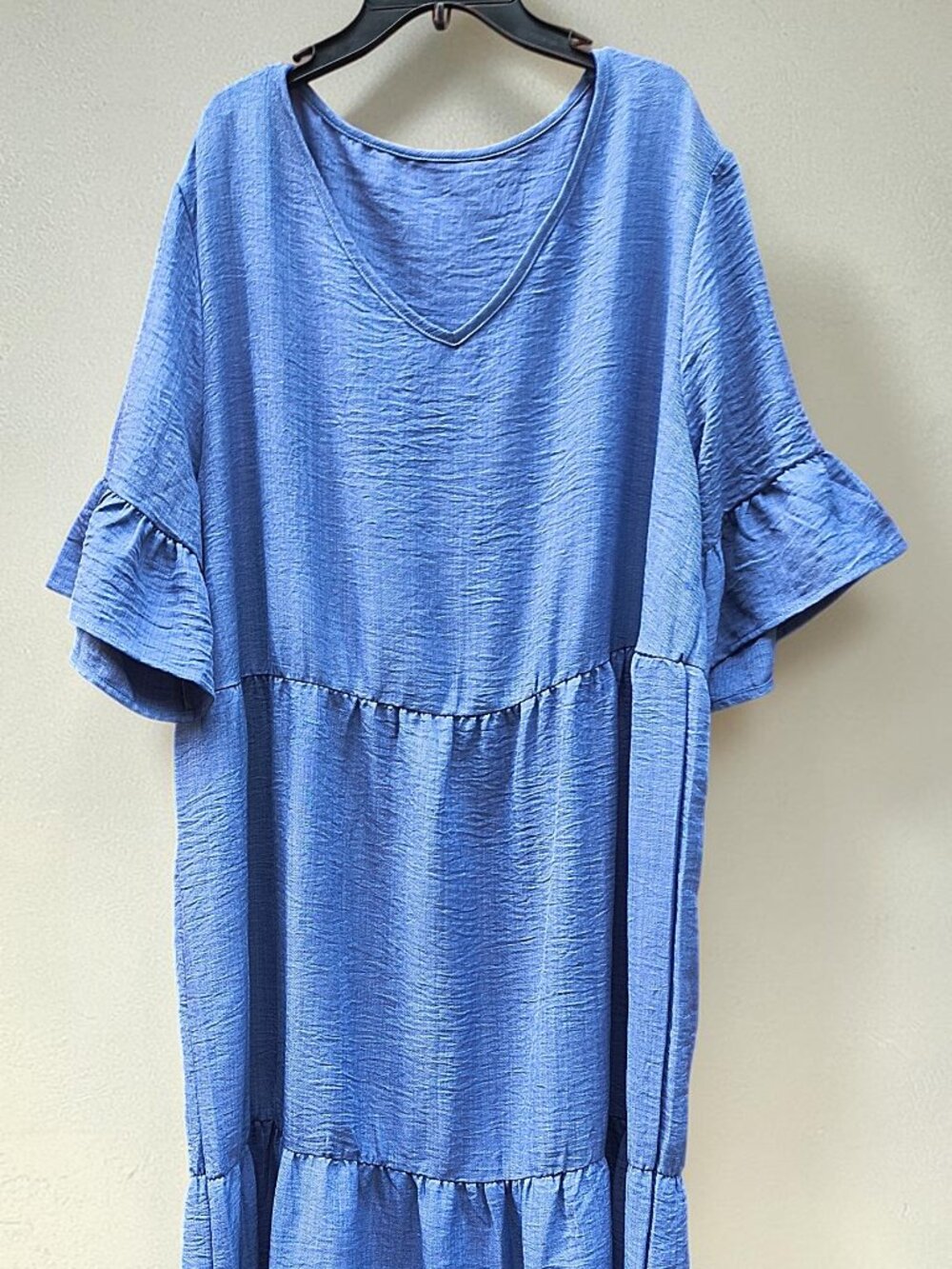 Plus Size 3X Blue Tiered Maxi Dress – Soft Flowy V-Neck Short Sleeve Dress